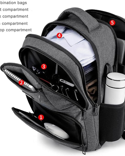 School Backpack for Teens & College Students - 17.3 Inch Laptop Backpack with USB Charging Port, Water Resistant Travel Bookbag for Men, Women, Business & University, Grey