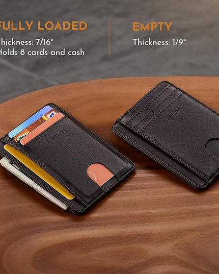 Buffway Slim Minimalist Front Pocket RFID Blocking Leather Wallets for Men and Women - Pebble Brown