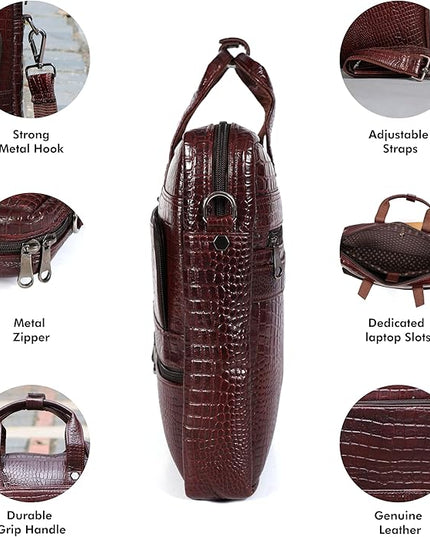 Crocodile Embossed leather bag for men, 5 Zipper Pockets with Spacious Compartments.,12 x 16 x 4 inches.