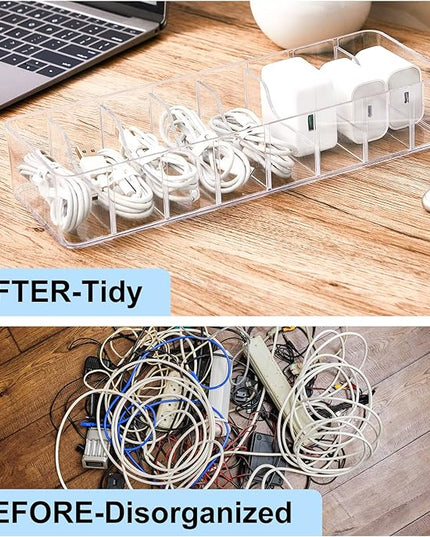 Tatuo 4 Pcs Cable Organizer with 40 Wire Ties, Plastic Cord Storage Charger Box Electronics Organizer with Adjustment Compartments Cable Storage for Drawer Home Office Desk Accessories (Clear)