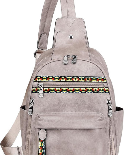 FADEON Large Sling Bag for Women, Leather Crossbody Purse Designer Anti Theft Sling Backpack, RFID Fanny Packs for Travel
