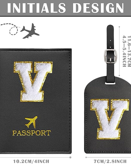 COSHAYSOO Black Passport Cover and Initial Luggage Tag Set TSA Approved with Preppy Chenille Letter Patch for Women Girl Friends, Trendy Travel Bag Backpack Suitcase Identifier Personalized Gifts (V)