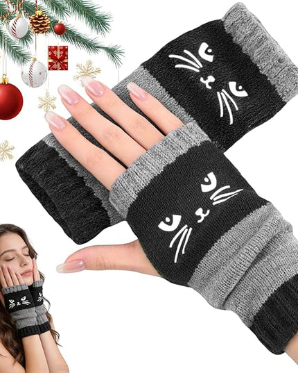 Women's Knitted Fingerless Gloves with Cute Cat Embroidery, Warm Fashion Leaky Finger Casual Cat Splicing Knitted Gloves