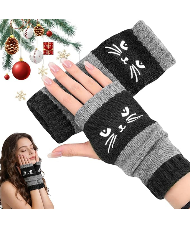 Women's Knitted Fingerless Gloves with Cute Cat Embroidery, Warm Fashion Leaky Finger Casual Cat Splicing Knitted Gloves