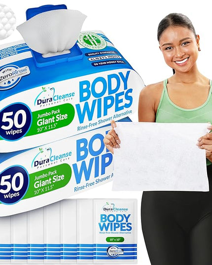 Dura Cleanse Body Wipes for Adults Bathing - (2 Pack) 100 XL No Rinse Bath Wipes + 8 Travel Shower Sheets - 10 x 11.5" Extra Thick Disposable Washcloths for Elderly Incontinence & Camping Essentials