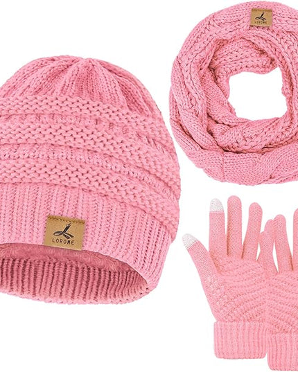 Winter Beanie Hat Scarf Gloves, Warm Fleece Knit Hats Touch Screen Gloves Neck Scarf Set Winter Gifts for Unisex Adult