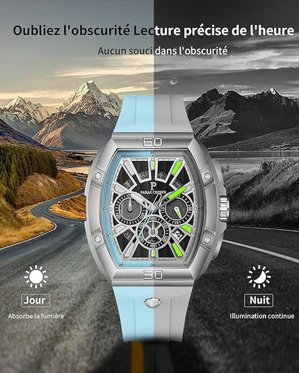 Paras Crown Watches for Men Tonneau 5ATM Waterproof Quartz Luxury Chronograph Analog Men's Wrist Watches Stainless Steel Case Mens Watches