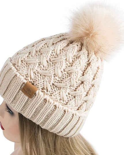 PAGE ONE Womens Winter Ribbed Beanie Crossed Cap Chunky Cable Knit Pompom Soft Warm Hat