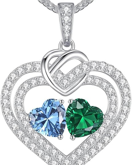 LOUISA SECRET Sparkling Double Heart Birthstone Necklaces for Women, 925 Sterling Silver Fine Jewelry, Pendant Heart Necklaces Birthday Anniversary Christmas Gift for Women Wife Mom Girlfriend Lady