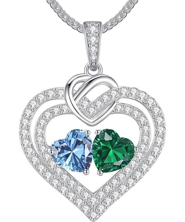LOUISA SECRET Sparkling Double Heart Birthstone Necklaces for Women, 925 Sterling Silver Fine Jewelry, Pendant Heart Necklaces Birthday Anniversary Christmas Gift for Women Wife Mom Girlfriend Lady