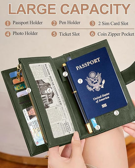 BKNOOU Passport Holder Rfid Blocking Travel Passport Wallet for Women and Men, Compact Leather Travel Wallet Trifold Clutch Wallet, Passport Cover Holds Cards, Tickets, Cash and Pen