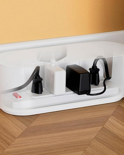 D-Line Cable Management Box, Power Strip Holder, Floor Outlet Hider, Desk Cord Organizer, Cover TV Wires, 12.75" (L) x 5" (W) x 4.5" (H), for use with Power Strips up to 10.5in Length - Small, White