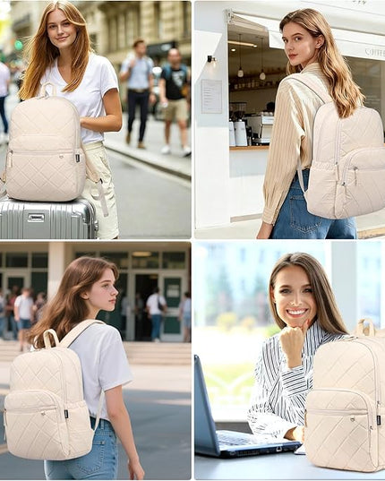 College Laptop Backpack for Women, School Backpack for Girls, Quilted Casual Daypack, Water-Resistant Bookbag for 15.6 Inch Laptop, Beige