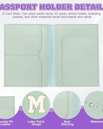 PATIKIL Passport Holder for Travel, Initial Passport Cover and Luggage Tag Set with Alphabet Chenille Letter Patch Travel Wallet Bag Suitcase Identifier for Women Family Travel Green M