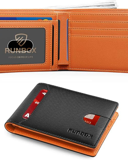 RUNBOX Wallet for Men Slim 11 Credit Card Holder Slots Leather RFID Blocking Small Thin Men's Wallet Bifold Minimalist Front Pocket Large Capacity Gift Box