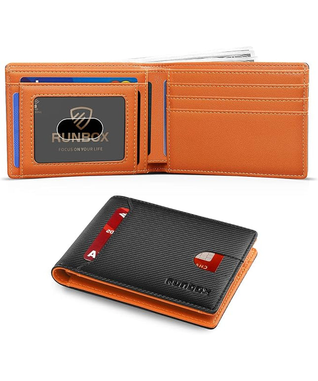RUNBOX Wallet for Men Slim 11 Credit Card Holder Slots Leather RFID Blocking Small Thin Men's Wallet Bifold Minimalist Front Pocket Large Capacity Gift Box