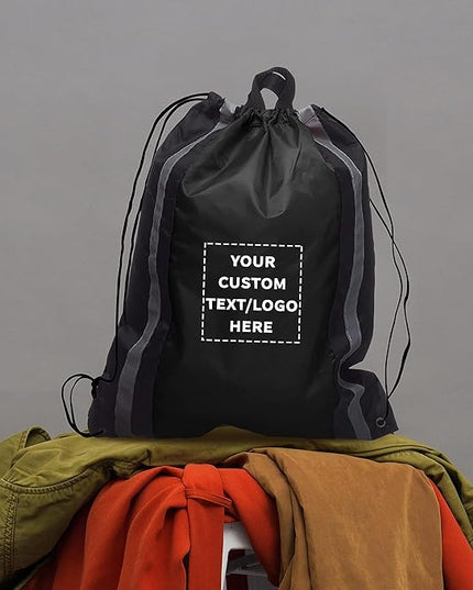 DISCOUNT PROMOS Custom Classic Polyester Drawstring Backpack Set of 10/50/100, Personalized Bulk Pack - Great for Travelling, Gym and for Everyday Use - Black