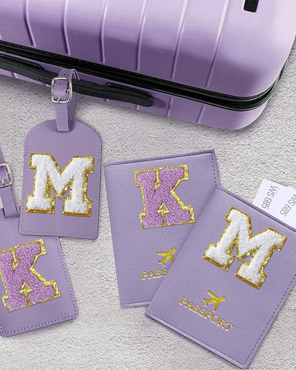 COSHAYSOO Initial Passport Cover Luggage Tag Set Letter Passport Holder Airplane Cruise Travel Essentials Vacation Traveling Accessories Personalized Gifts for Women Teen College Girls Purple W