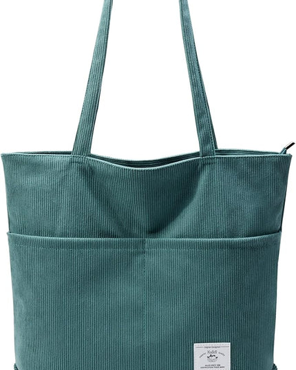 KALIDI Women Corduroy Tote Bag Zipper Casual Tote's Handbag Big Capacity Shoulder Bag with Pockets