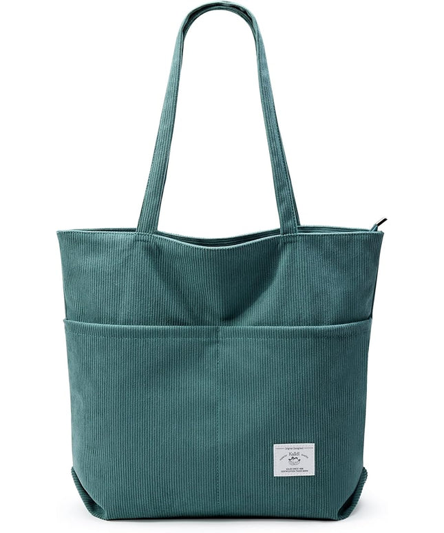 KALIDI Women Corduroy Tote Bag Zipper Casual Tote's Handbag Big Capacity Shoulder Bag with Pockets