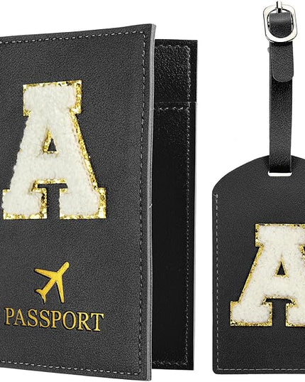 PATIKIL Passport Holder for Travel, Initial Passport Cover and Luggage Tag Set with Alphabet Chenille Letter Patch Travel Wallet Bag Suitcase Identifier for Women Family Travel Black A