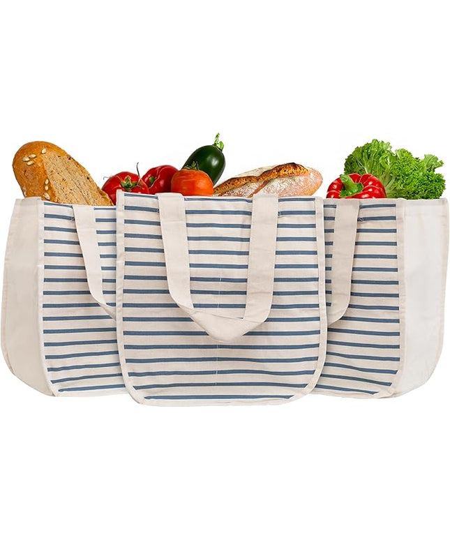 Reusable Canvas Grocery Shopping Bags with Bottle Sleeves - Easy to Organize, Convenient to Carry, Sturdy, Washable and Foldable Cotton Grocery Tote Bags with 80 LB Capacity (Blue Stripe - 3 Bags)