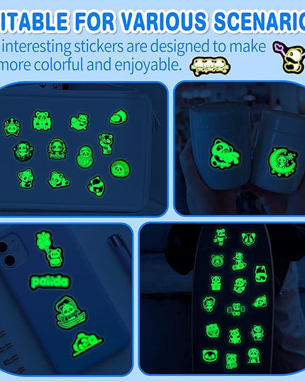 Glow in The Dark Neon Panda Water Bottle Stickers for Kids，75 Pcs Cartoon Animal Vinyl Laptop Decals, Teens Girls Boys Adults Phone Case Skateboard Luggage Decor