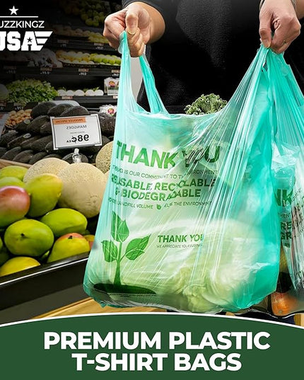 500 Biodegradable Compostable Thank You Plastic Bags - Grocery Shopping Bags with Handles [12" X 6.5" X 22"] Eco Friendly Green Plastic T Shirt Bags for Small Business Restaurant Supplies Retail Store