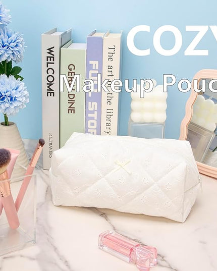 PAZIMIIK 6PCS Cozy Makeup Bag SET Travel Cosmetic Bag for Women Soft Toiletry Bag Aesthetic Makeup Organizer Portable Large Zipper Pouch for Skincare Beauty Accessories Brushes Embroidery White