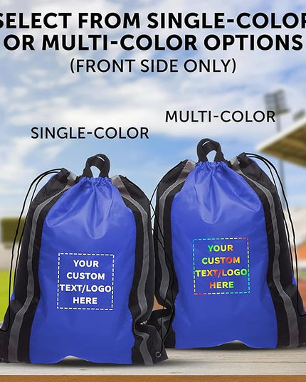 DISCOUNT PROMOS Custom Classic Polyester Drawstring Backpack Set of 10/50/100, Personalized Bulk Pack - Great for Travelling, Gym and for Everyday Use - Blue