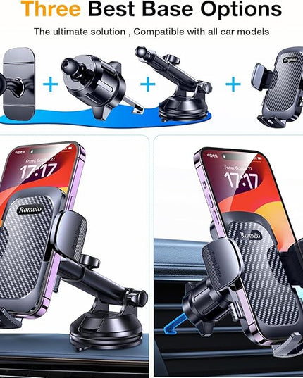 Romuto Phone Holders for Your Car Phone Holder Mount【Super Suction】Cell Phone Mount for Car Accessories for Women Men Windshield/Vent/Dashboard Pad Mount Truck Stand GPS Dash Holder for iPhone Samsung