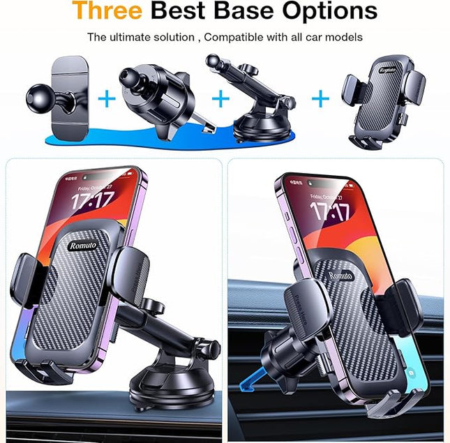 Romuto Phone Holders for Your Car Phone Holder Mount【Super Suction】Cell Phone Mount for Car Accessories for Women Men Windshield/Vent/Dashboard Pad Mount Truck Stand GPS Dash Holder for iPhone Samsung
