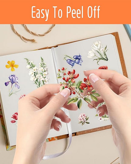300 PCS PVC Flower Stickers, Self-Adhesive PVC Nature Floral Stickers for Scrapbook, Laptop, Journal, DIY Project, Spring Themed Party Decors