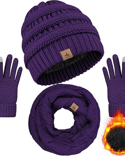Winter Beanie Hat Scarf Gloves, Warm Fleece Knit Hats Touch Screen Gloves Neck Scarf Set Winter Gifts for Unisex Adult