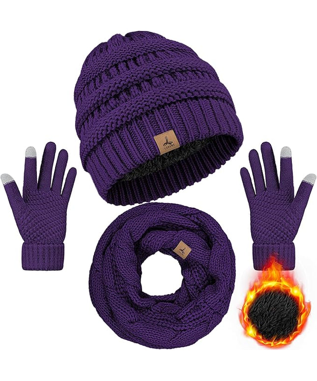 Winter Beanie Hat Scarf Gloves, Warm Fleece Knit Hats Touch Screen Gloves Neck Scarf Set Winter Gifts for Unisex Adult