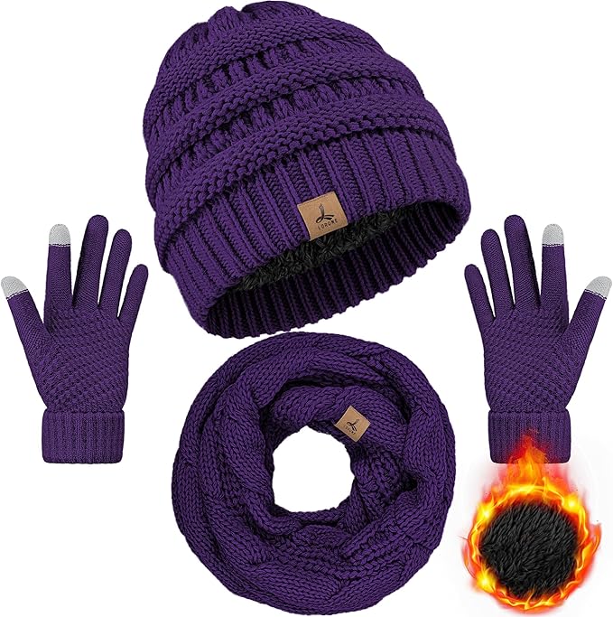 Winter Beanie Hat Scarf Gloves, Warm Fleece Knit Hats Touch Screen Gloves Neck Scarf Set Winter Gifts for Unisex Adult