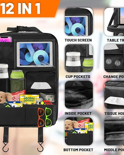 Backseat Car Organizer with Table Tray,12 Pockets Storage Organizer with Tablet Holder,Car Seat Organizer with Car Tissue Holder,Kick Mats Protector For Kids,Travel Accessories(2-Pack)