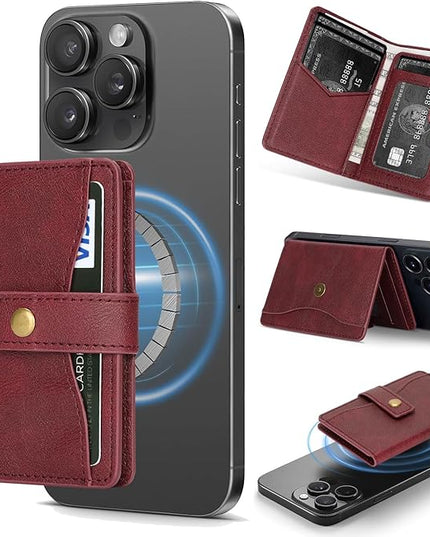 Ultra-Thin Magnetic Wallet Card Holder for iPhone and All MagSafe Protective Cases，Premium PU leather, powerful magnetic closure, stand function, 6 card slots (burgundy)