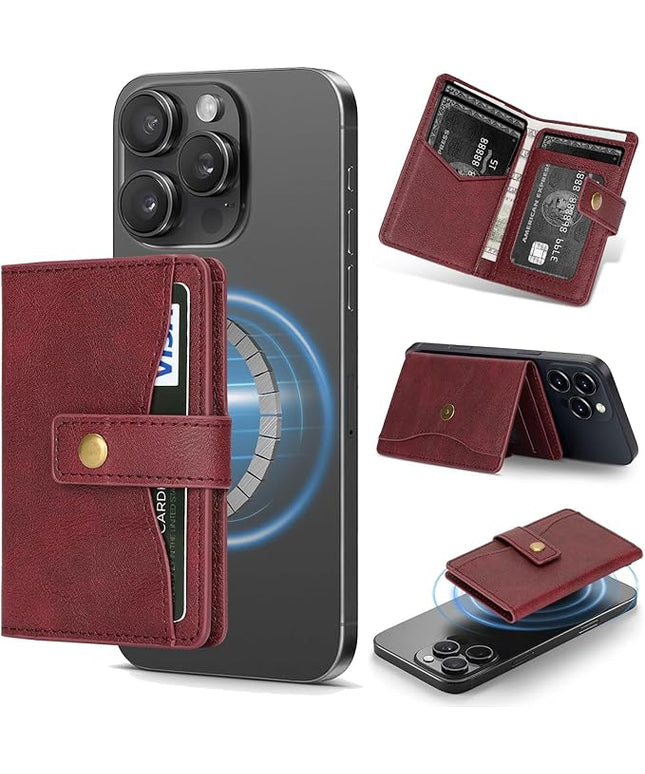 Ultra-Thin Magnetic Wallet Card Holder for iPhone and All MagSafe Protective Cases，Premium PU leather, powerful magnetic closure, stand function, 6 card slots (burgundy)