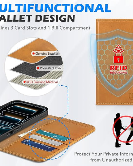 SHIELDON Case Wallet for iPhone 17 Pro 6.3-inch | Genuine Leather | Book Desgin | RFID Blocking Credit Card Slots | Magnetic Closure | Shock Absorbing Phone Cover | 2025 | Retro Light Brown