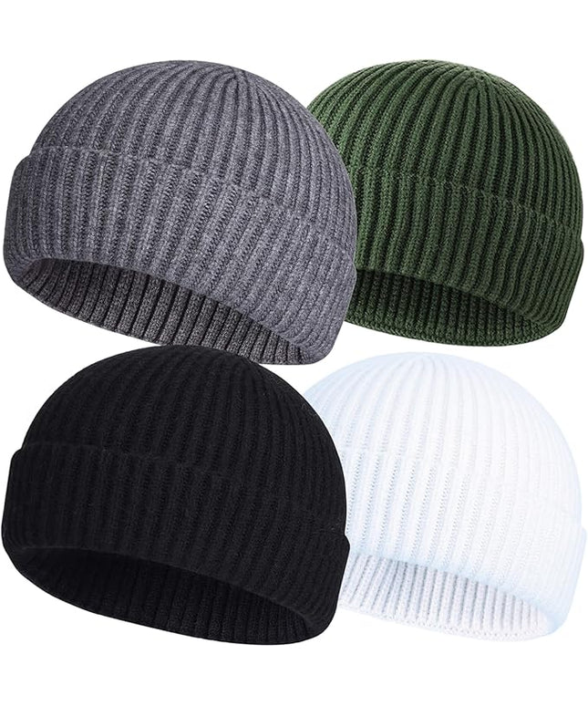 ROYBENS 4 Pack Wool Fisherman Beanies for Men, Knit Short Watch Cap Winter Warm Hats