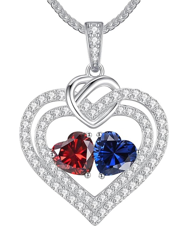 LOUISA SECRET Sparkling Double Heart Birthstone Necklaces for Women, 925 Sterling Silver Fine Jewelry, Pendant Heart Necklaces Birthday Anniversary Christmas Gift for Women Wife Mom Girlfriend Lady