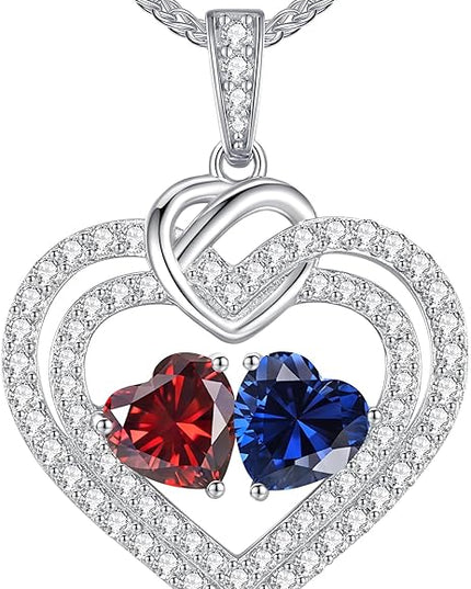 LOUISA SECRET Sparkling Double Heart Birthstone Necklaces for Women, 925 Sterling Silver Fine Jewelry, Pendant Heart Necklaces Birthday Anniversary Christmas Gift for Women Wife Mom Girlfriend Lady