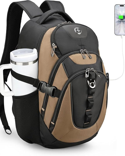 Swissdigital Design Laptop Backpack with USB Charging Port, Travel Backpack Fits 15.6 inches Computer, 31L College School Backpack for Men, Tan/Black | SD803-34