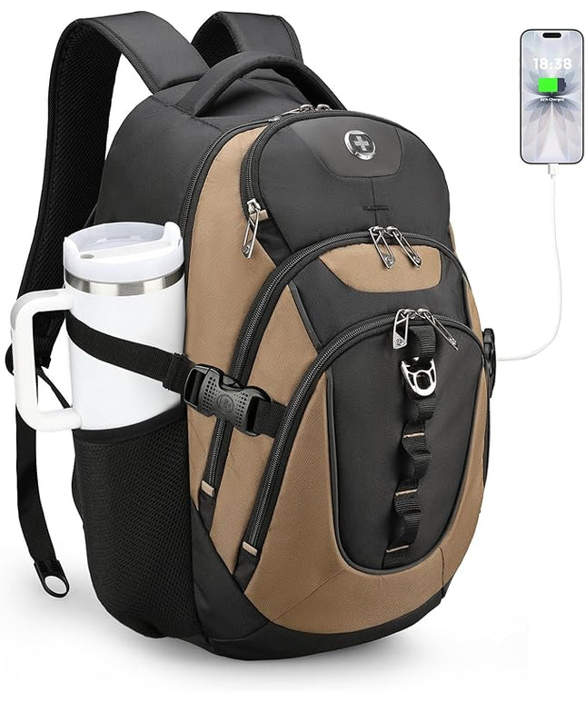 Swissdigital Design Laptop Backpack with USB Charging Port, Travel Backpack Fits 15.6 inches Computer, 31L College School Backpack for Men, Tan/Black | SD803-34
