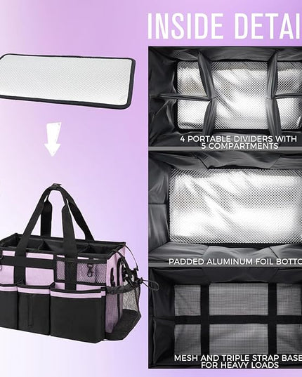 Wearable Cleaning Caddy, Cleaning Caddy Supplies Organizer with Handle & Shoulder Straps for Housekeepers, Under Sink & Car Cleaning Tool Organizers Bag with 4 Foldable Divider (Lilac)