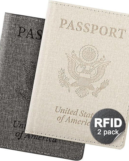 2 Pack Unisex Adult Faux Leather Passport Holder,Honeymoon Gifts,Travel Essentials-Rfid Blocking,White&Gray