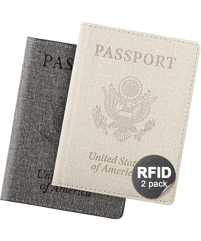 2 Pack Unisex Adult Faux Leather Passport Holder,Honeymoon Gifts,Travel Essentials-Rfid Blocking,White&Gray