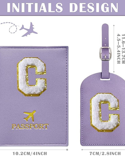 COSHAYSOO Purple Passport Cover Holder and Initial Luggage Tag Set TSA Approved with Personalized Monogram Chenille Letter Patch for Women Teen Girls Couples, Preppy Travel Bag Suitcase Identifier (C)