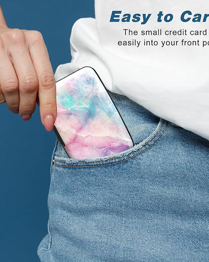 Atufsuat Credit Card Holder, Mini Aluminum Card Wallet RFID Blocking Slim Metal Hard Card Case for Women Men, Colorful Marble